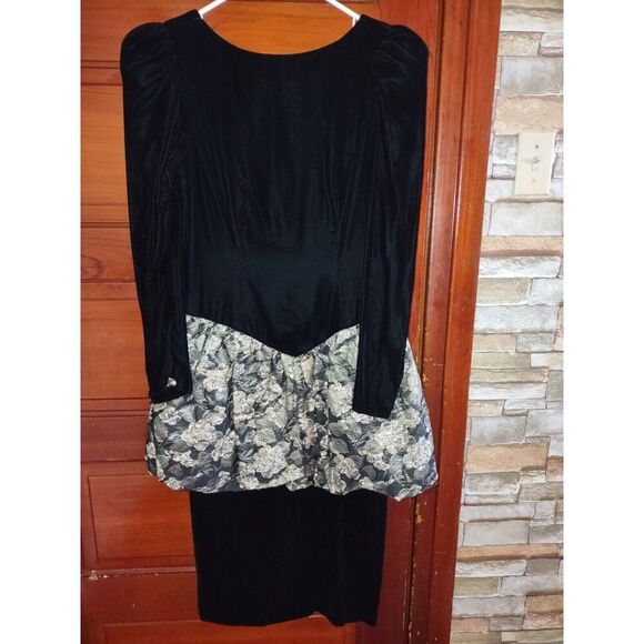 Sz 9/10 Vintage Black Velvet Bodycon Metallic Gold Big Bow Dress Cupcake - Picture 9 of 13